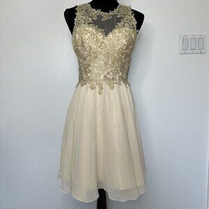 Faviana Glamour Gold Lace Midi Dress Beige Size 8